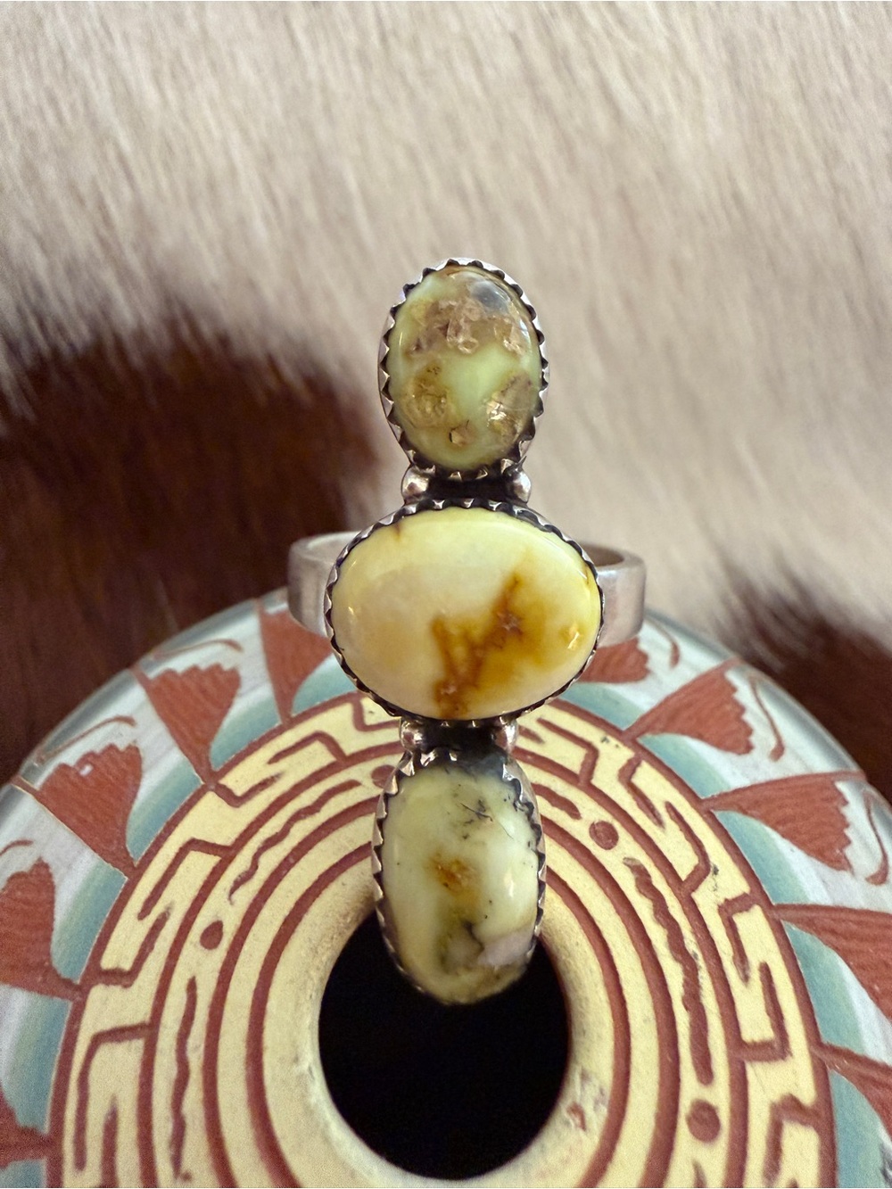❤️ Palomino Variscite Navajo Style 3 Stone  Crawler ADJ Ring Matte Sterling 925